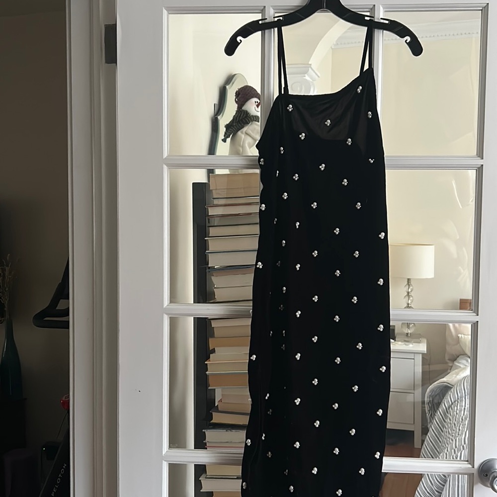 Urban Outfitters black velvet side slit midi dress with pearls asymmetrical top
